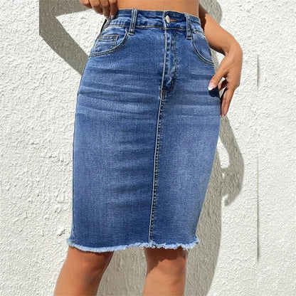 Fashion High Waist Denim Skirt Women Tassel Decoration Hem Wrap Hip Half-body Dress Female Summer Daily Casual Trend Streetwear