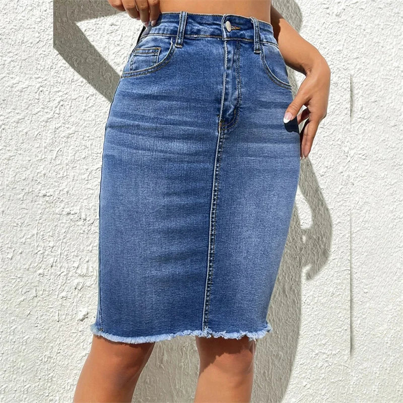 Fashion High Waist Denim Skirt Women Tassel Decoration Hem Wrap Hip Half-body Dress Female Summer Daily Casual Trend Streetwear