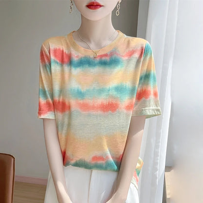 Spring And Summer New Lyocell Short Sleeve Sweater Loose Thin Half Sleeve T-shirt Printed Top