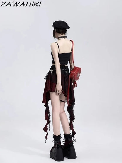 Y2K Skirts for Women Japanese Sweet Harajuku Mujer Faldas Punk Irregular Aesthetic Skirt Gauze Patch Plaid Vintage Faldas