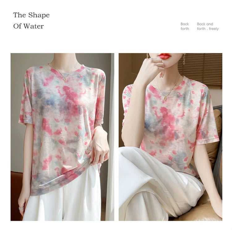 Spring And Summer New Lyocell Short Sleeve Sweater Loose Thin Half Sleeve T-shirt Printed Top