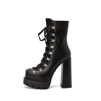 Modern Western Mature Punk Goth Female Winter Super Block High Heeled Shoes Square Toe Lace-up Platform Heels Boots
