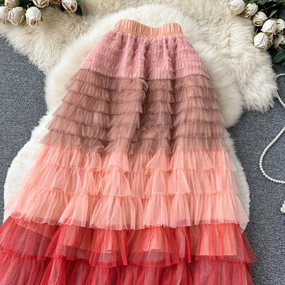 Voille Skirts Women Gradient Y2k High Waist Elastic Jupe Ladies Tulle Mujer Faldas Ruffles Long Female Mesh Skirt Dropshipping