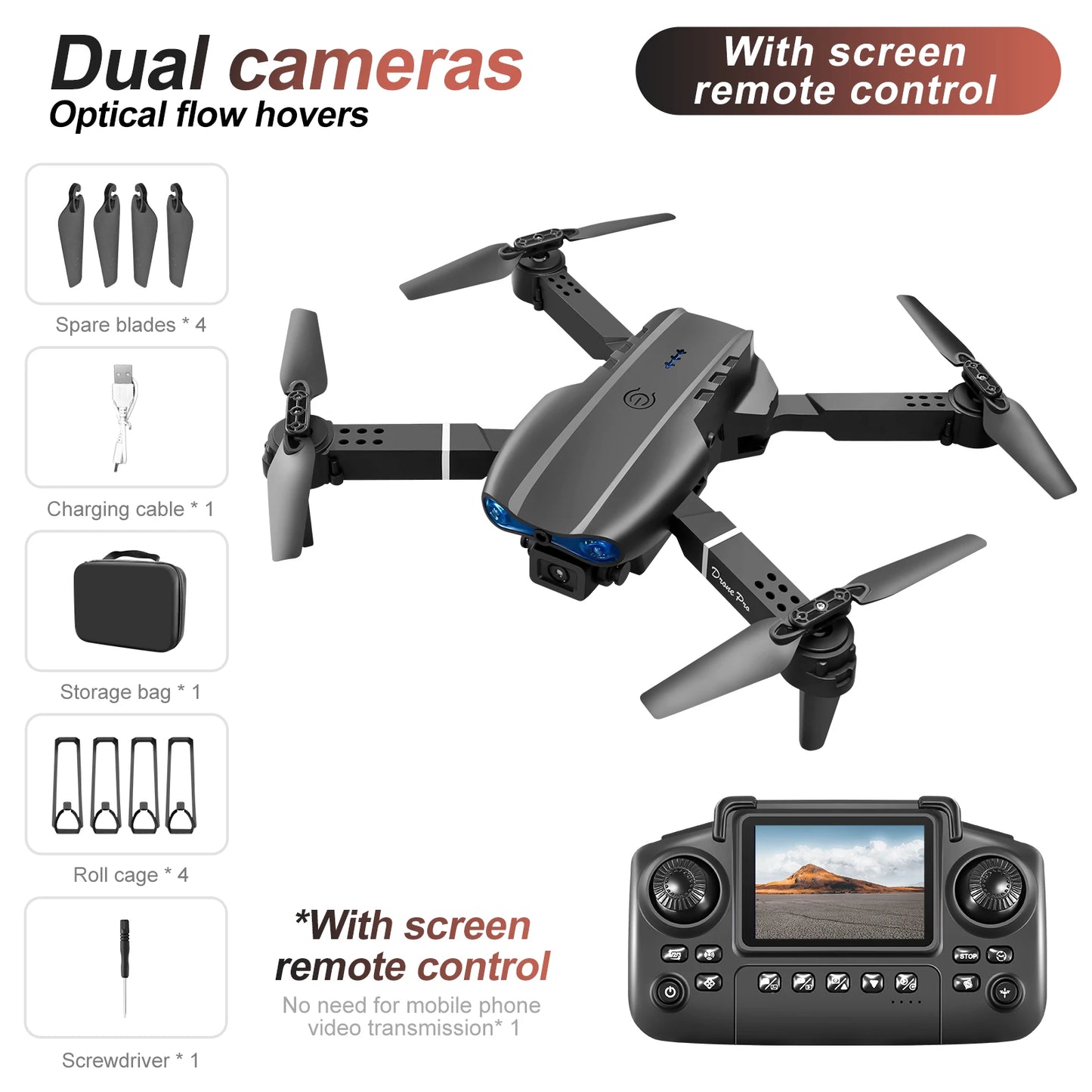 New E88 E99 Drone Remote Control with Screen Dual Camera Optical Flow Localization 2.4G RC Quadcopter One-button Take-off Drones
