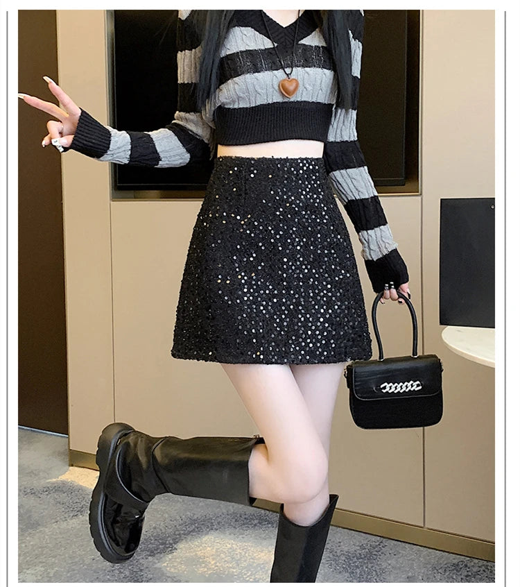 Fashion Y2K Streetwear Winter Mini Skirt Women Glitter Sequin Bodycon Tweed Skirts With Shorts A-Line Pink White Black Faldas