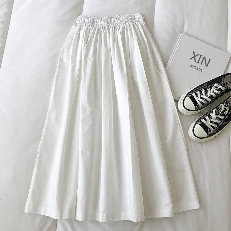 2025 New Casual Elegant High Waist A Line Skirts Women Solid Color Long Skirt Fashion Pockets Pleated Knee Length Skirts Autumn