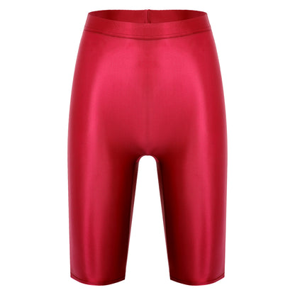 Women Glossy Shorts High Waist Fitness Short Leggings Oil Shiny Knee-Length Tights Swimming Trunks Female Workout Sports Bottoms