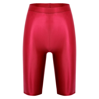Women Glossy Shorts High Waist Fitness Short Leggings Oil Shiny Knee-Length Tights Swimming Trunks Female Workout Sports Bottoms