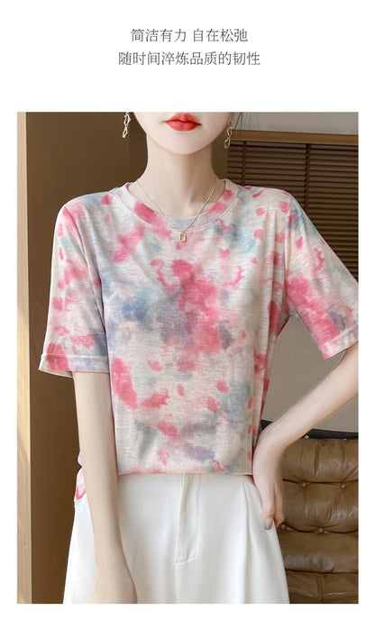 Spring And Summer New Lyocell Short Sleeve Sweater Loose Thin Half Sleeve T-shirt Printed Top