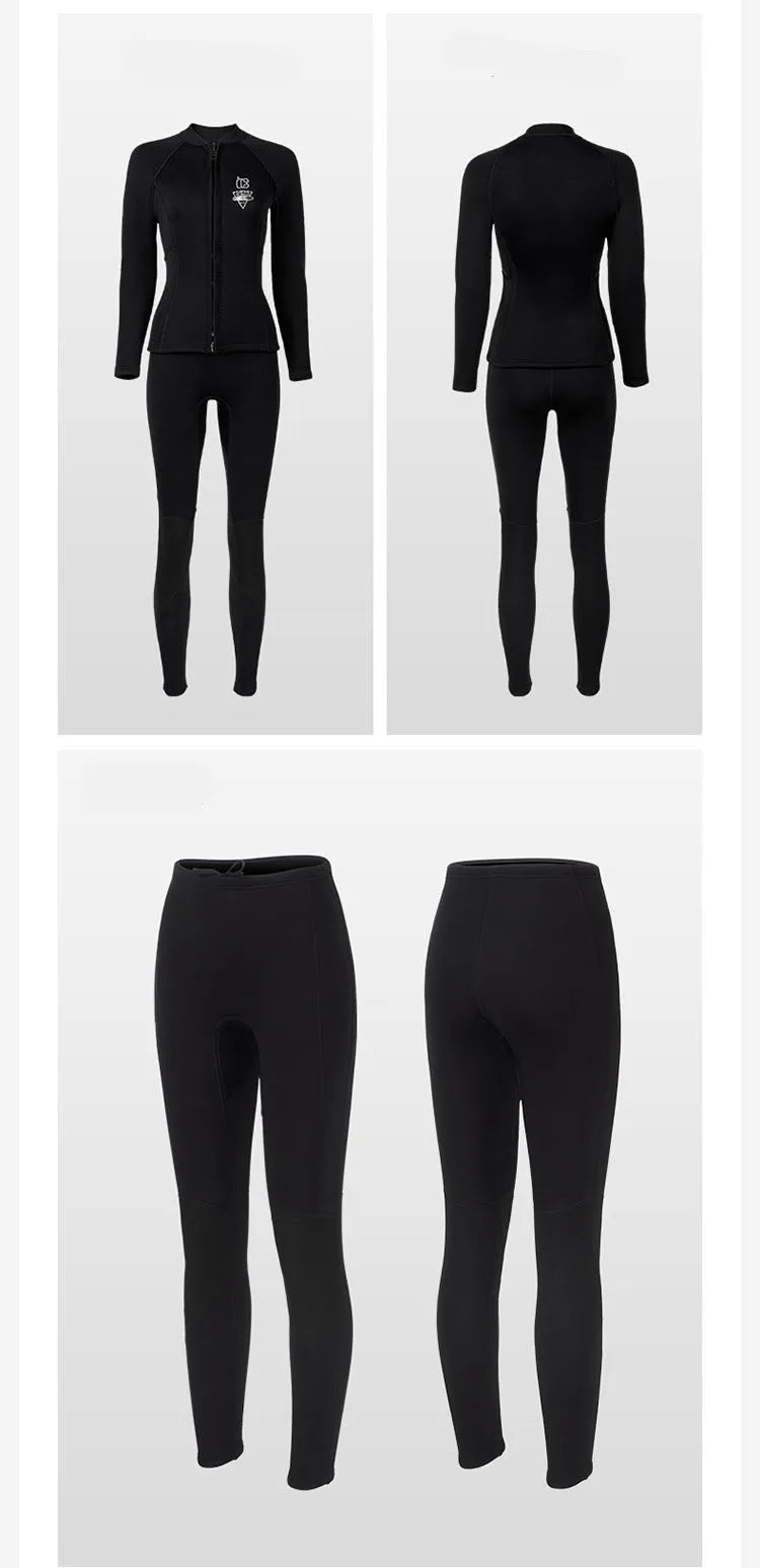 Women's 3mm Two-Piece Diving Suit Long Sleeve Coldproof Wetsuit Top Pants for Snorkeling Surfing Swimming