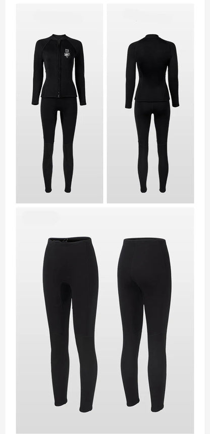 Women's 3mm Two-Piece Diving Suit Long Sleeve Coldproof Wetsuit Top Pants for Snorkeling Surfing Swimming