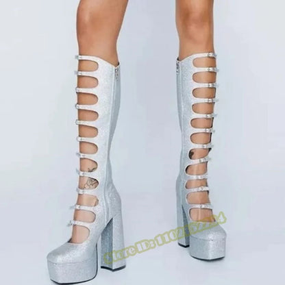 Crystal Bling Knee High Sandals Boots Thick Sole Platform Chunky High Heels Solid Buckles Straps Sandals Women Sexy Shoes Summer