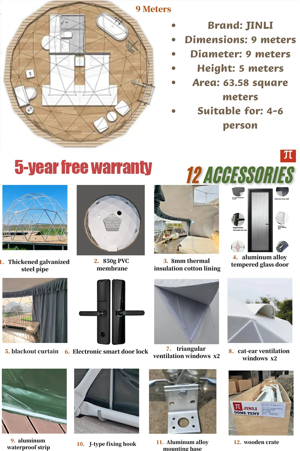 Spherical tent, geodesic tent, dome tent, galvanized steel pipe frame, PVC waterproof tarpaulin, wind-resistant, pressure-resist