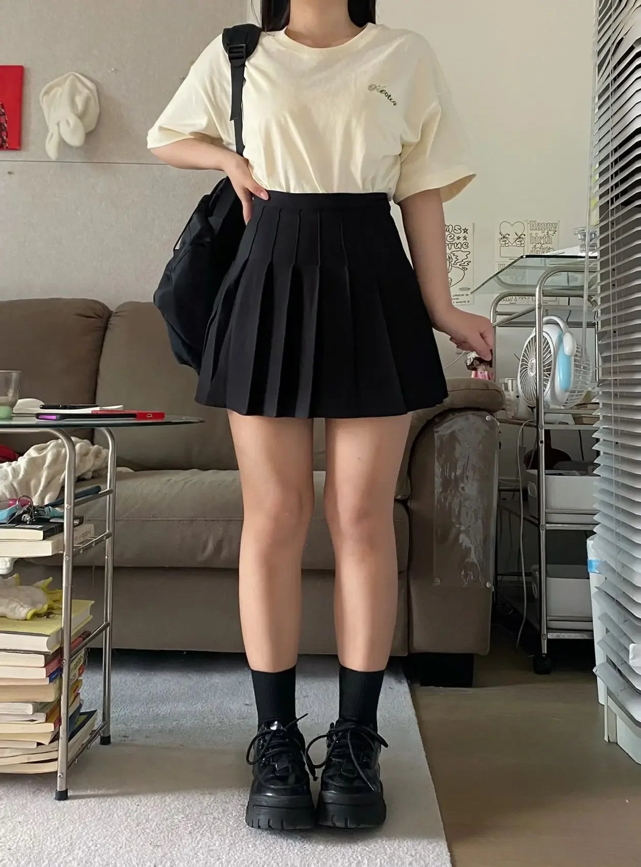 High-Waisted Slimming Pleated Mini Dress Plus Size Black Hip Covering A- Line Skirt Female Academic Style