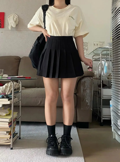 High-Waisted Slimming Pleated Mini Dress Plus Size Black Hip Covering A- Line Skirt Female Academic Style