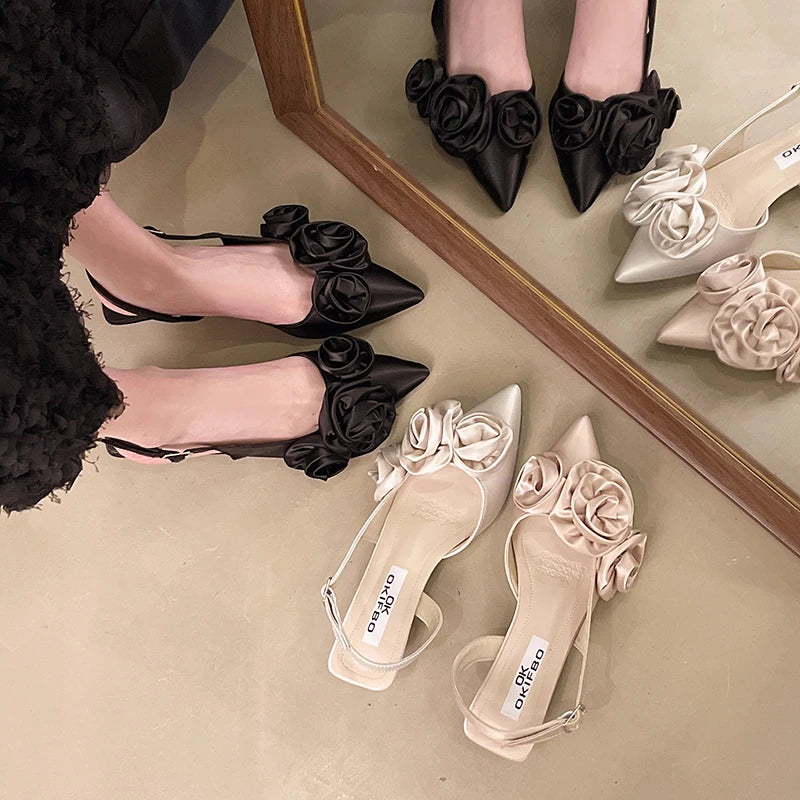 Designer Woman Shoes Pointed Toe Flower Sexy Women Shoes Sandals Dress Slippers Mules Shoes Spring New Flip Flops French Female
