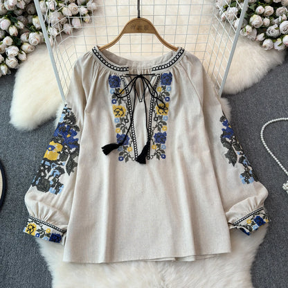 2026 Spring Retro Embroidered Shirt Top Female Lace Up Tassel Loose Lantern Sleeves Ethnic Style Blouse Female A70