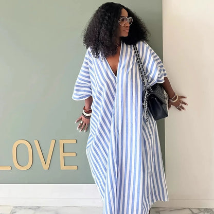 American Women's Fashion Loose and Laid-back Style Deep V-neck Long Striped Dress for Women, African Chic Plus-size Long Dress