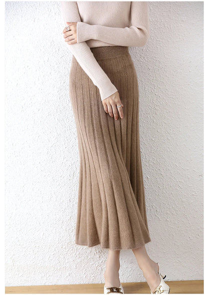 High-end 2022 Autumn/Winter New 100% Pure Wool Women's Thick Warm Elegant Pleated Skirt Fashion A Line Knitted Skirt 4 Colors