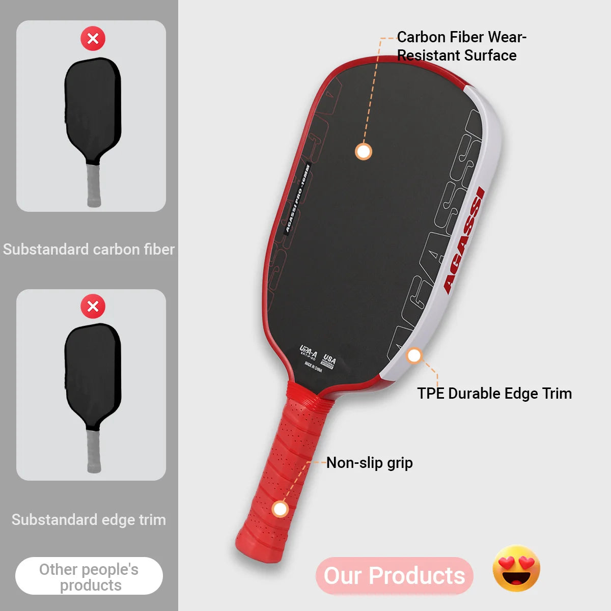 HVLKUB Agassi T700 Carbon Fiber Pickleball Paddle, 16mm PP honeycomb core, cold-pressed construction, extra-large sweet spot