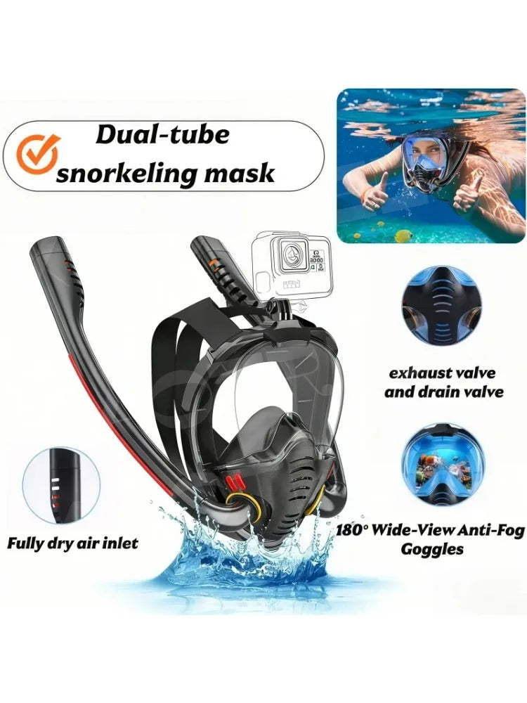 XIAOTREE Dual-Tube Silicone Full-Face Dry Snorkel Mask Adult Swimming Diving Mask Underwater Breathing Mask