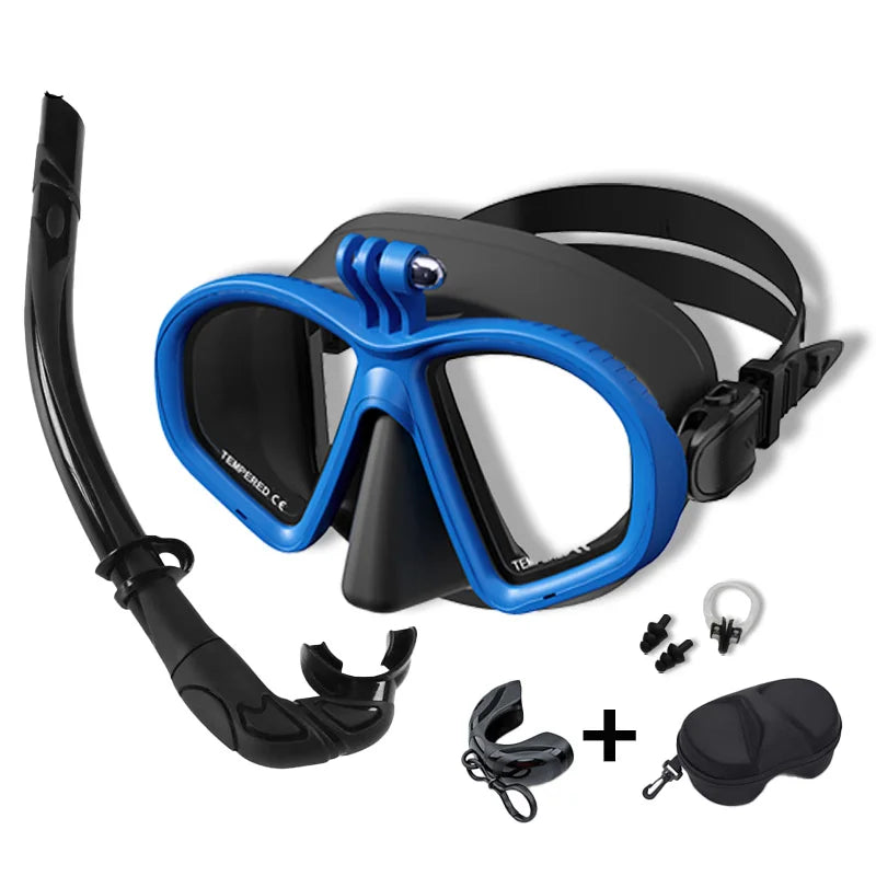 Professional Wet Low Volume Freediving Mask, Tempered Glass dive Mask, J-Type Diving Mask, Snorkel Set, With Go-Pro Camera Mount
