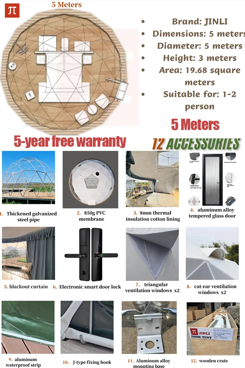 Spherical tent, geodesic tent, dome tent, galvanized steel pipe frame, PVC waterproof tarpaulin, wind-resistant, pressure-resist