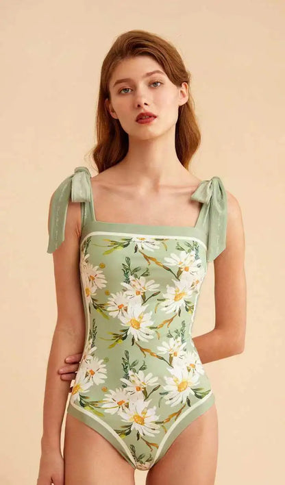Y2K Fashion Women Floral One Piece Swimsuits Reversible Tie Shoulder Monokini Tummy Control Bathing Suits Square Neck Swimwear