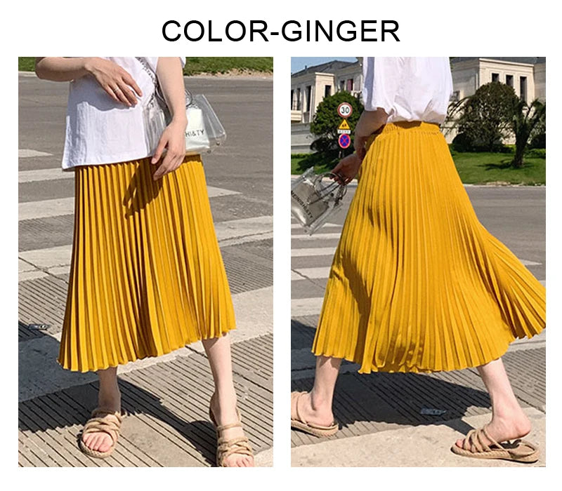 Womens Chic Pleated Swing Long Skirt with Liner Korean Fashion Kawaii Elastic High Waist OL Chiffon Shirring Mermaid Skirts K77