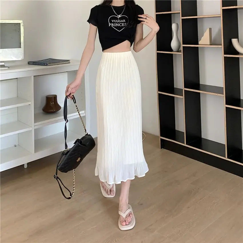 Summer New Fashion Solid Spring Wrapped Hip Fishtail Skirt Women Patchwork Elastic Waist Elegant Gentle Mid Length A-line Skirts