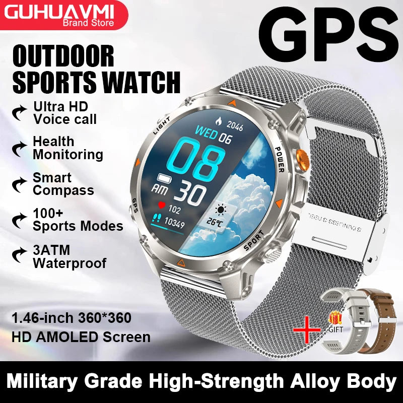 2026 New Outdoor Sport GPS Position Smart Watch Men 3ATM Waterproof Compass Altimeter 540mAh BT Call Fitness Watch