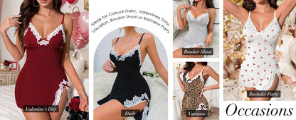 Lingerie for Women Sexy Night Gowns Lace Trim Sleep Dress V Neck Babydoll Chemise Dress Side Split Nighty