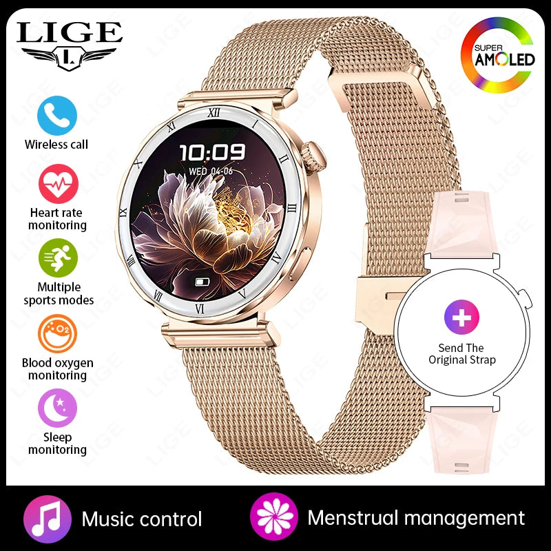 Women's Smart Watch 2026 New Fashion AMOLED Screen Bluetooth Call Custom Dials Female Health Monitoring Ladies Sports Smartwatch