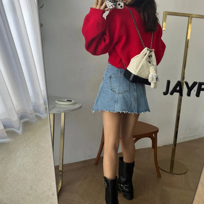 Chic High Waist A-Line  Skirt Women's Jeans ort Skirt Spring Vintage Slimming Splicing Hemming Girl's Faion Commute