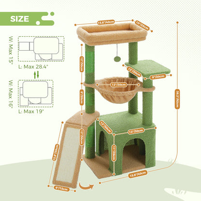 Cat Tree for Indoor Cats, Small Cat Tower with Large Cat Condo, Cat Scratching Posts, Cozy Cat Hammock and Cat Scratching Ladder