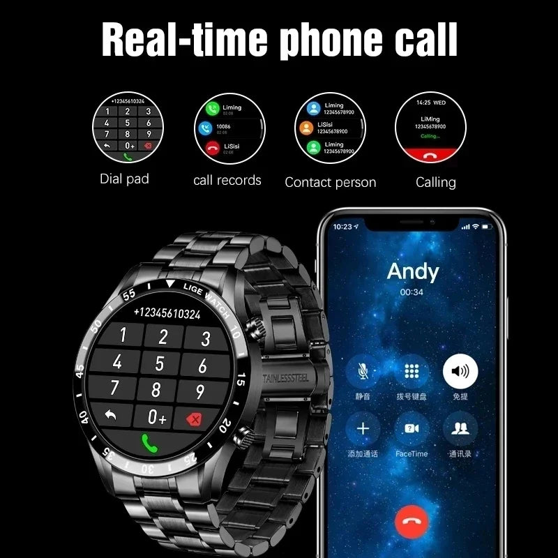 LIGE 2024 Full Circle Touch Screen Steel Band Luxury Bluetooth Call Men Smart Watch Waterproof Sport Activity Fitness Watch+Box