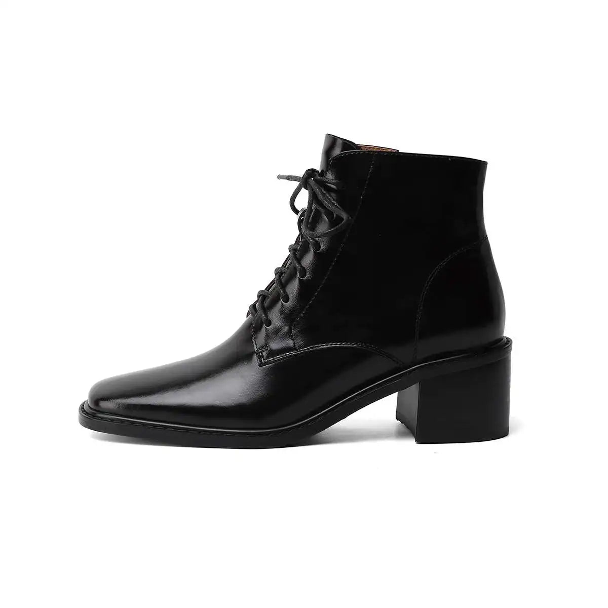 Krazing Pot 2025 Hot Sale Genuine Leather Square Toe Chelsea Boots High Heels Winter Season Lace Up Superstar Ins Ankle Boots