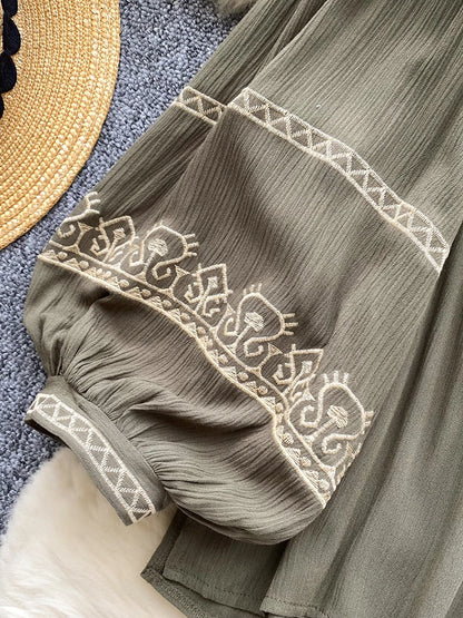 Women's Bohemia Blouse Embroidered Autumn Spring O-neck Collar Bow Tie Lantern Sleeve Top Blusas Mujer Female Tops BL020