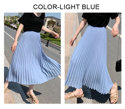 Womens Chic Pleated Swing Long Skirt with Liner Korean Fashion Kawaii Elastic High Waist OL Chiffon Shirring Mermaid Skirts K77
