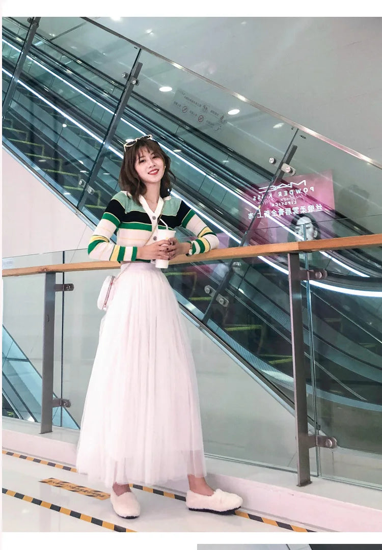 Women Mesh Elastic Tutu Skirt Beach Spring Summer Korean High Waist Fashion Pleated Long Skirt Black White Tulle Skirts LSK010