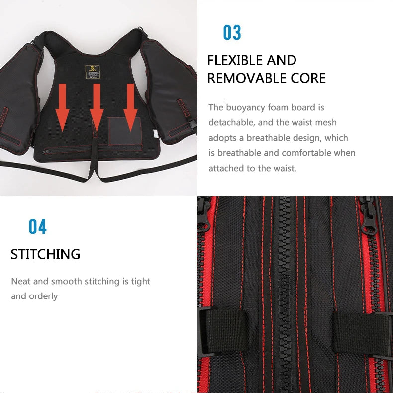 multi-functional life jacket vest for outdoor fishing, a must-have for safety. Multiple pockets for storage, buoyant materials
