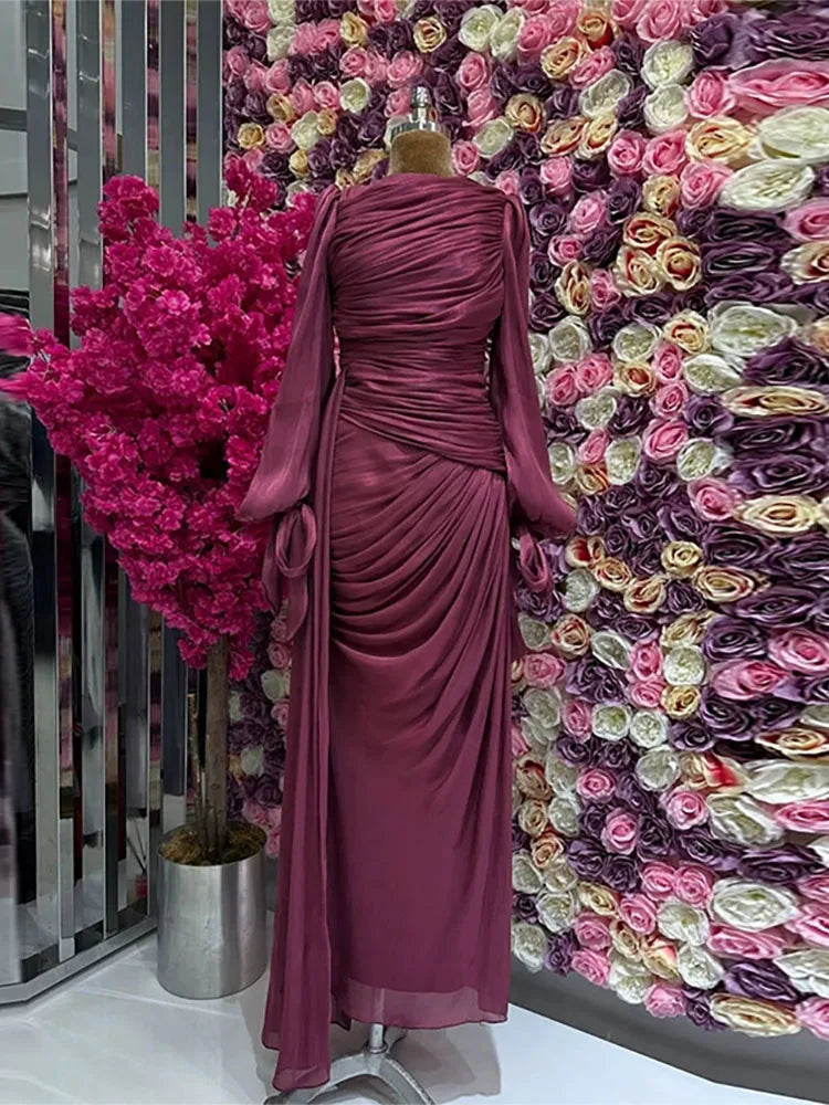 Fashion Lantern Sleeves Autumn Party Dress 2025 Elegant Solid Color Lace Up Dress Ladies O-neck High Waisted Pleated Long Dress