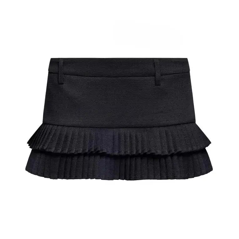 Summer Clothes Tweed Pleated Skirt Women Black Mini Skirts For Woman Preppy Low Waist Pleated Layered Casual Short Skirts Blue