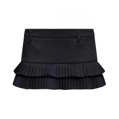Summer Clothes Tweed Pleated Skirt Women Black Mini Skirts For Woman Preppy Low Waist Pleated Layered Casual Short Skirts Blue