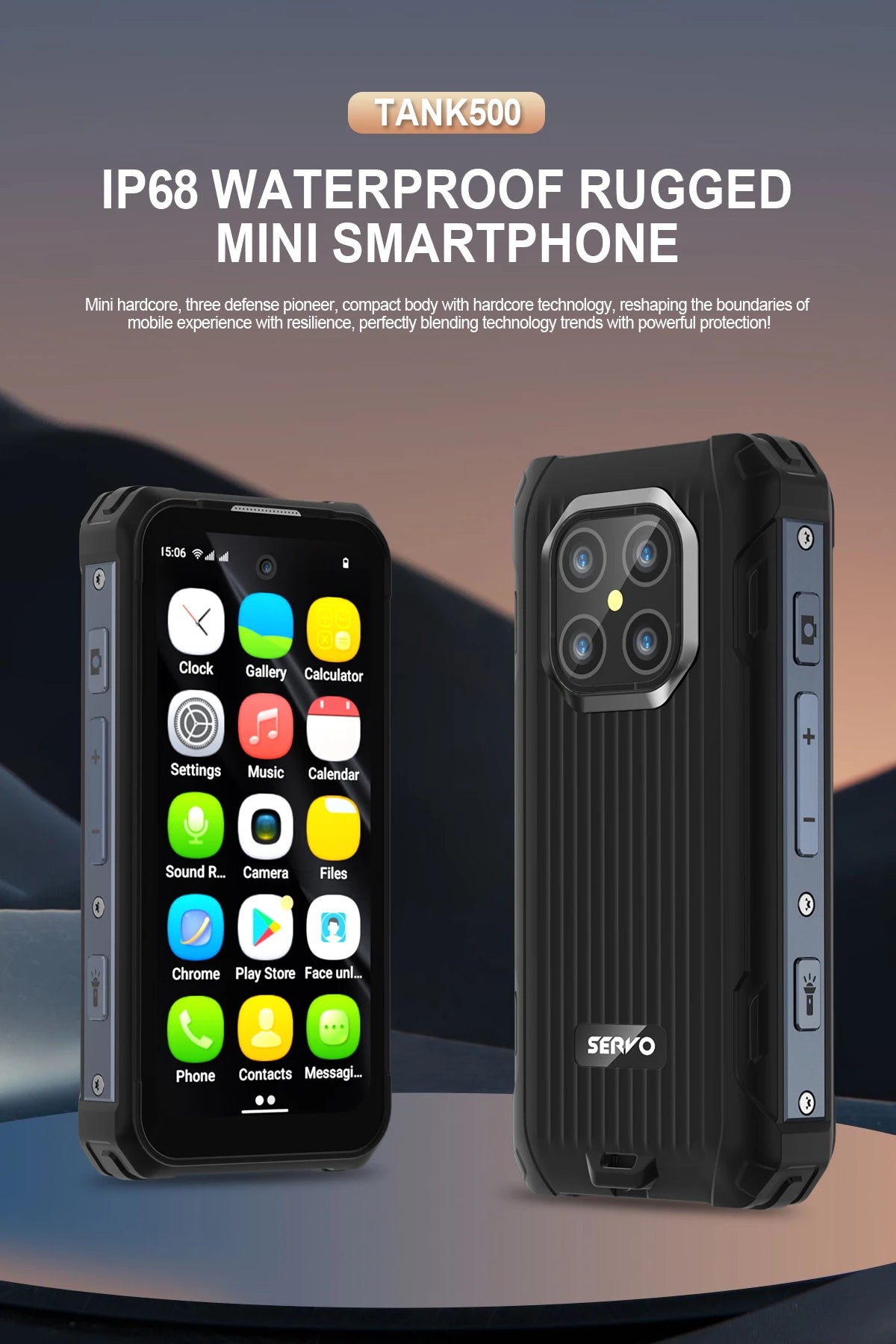 SERVO TANK500 IP68 Waterproof Mini Smart Phone 4G LTE Android 12 RAM 6GB ROM 128GB PTT Network Intercom Small Rugged Smartphones