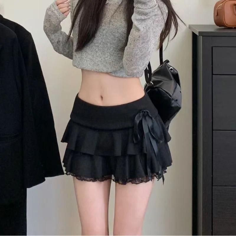 Goth Y2K Black Lace Trim Bow A Line Mini Skirt Women Korean Streetwear