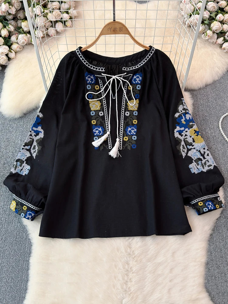 2026 Spring Retro Embroidered Shirt Top Female Lace Up Tassel Loose Lantern Sleeves Ethnic Style Blouse Female A70