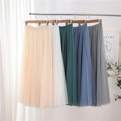 Women Mesh Elastic Tutu Skirt Beach Spring Summer Korean High Waist Fashion Pleated Long Skirt Black White Tulle Skirts LSK010