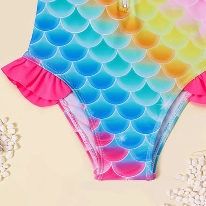 Girls Long Sleeve Swimwear One Piece Swimsuits Kids Striped Rainbow Bathing Suit Hawaiian Beach Swim Shirts for Surfing