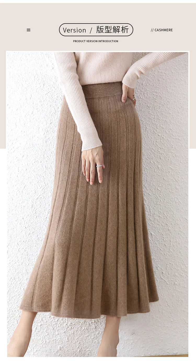 High-end 2022 Autumn/Winter New 100% Pure Wool Women's Thick Warm Elegant Pleated Skirt Fashion A Line Knitted Skirt 4 Colors